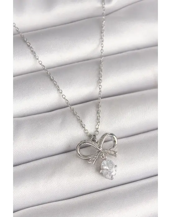 316L Çelik Gümüş Renk Zincir Zirkon Taşlı Kurdele Model Kadın Kolye