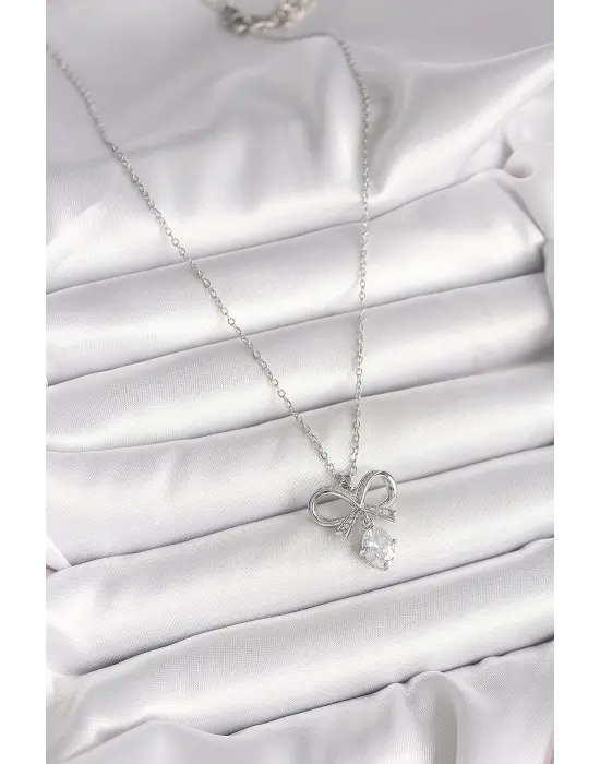 316L Çelik Gümüş Renk Zincir Zirkon Taşlı Kurdele Model Kadın Kolye