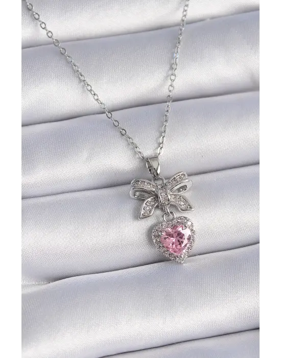  Gümüş  Zincir Zirkon Taşlı Kurdele Pembe Kalp Model  Çelik Kolye