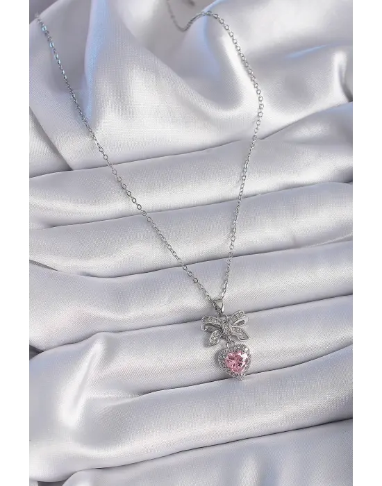  Gümüş  Zincir Zirkon Taşlı Kurdele Pembe Kalp Model  Çelik Kolye