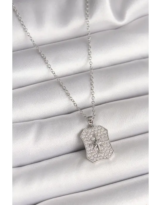 316L Çelik Gümüş Renk Zincir Zirkon Taşlı Kutup Yıldız İşlemeli Madalyon Model Kadın Kolye