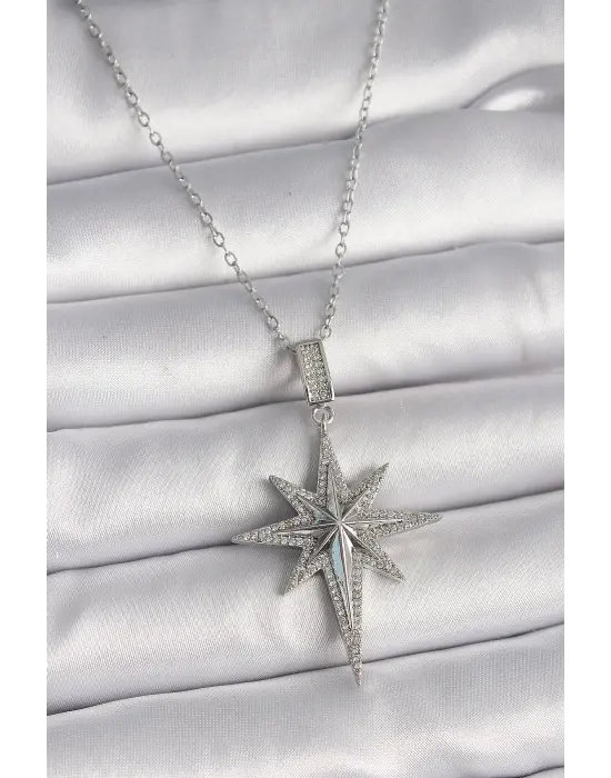  Gümüş  Zincir Zirkon Taşlı Kutup Yıldız Model  Çelik Kolye