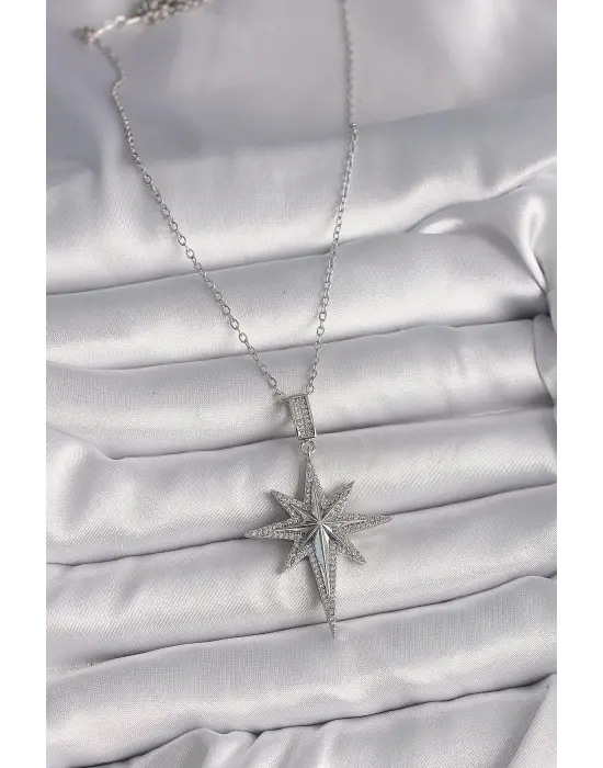  Gümüş  Zincir Zirkon Taşlı Kutup Yıldız Model  Çelik Kolye