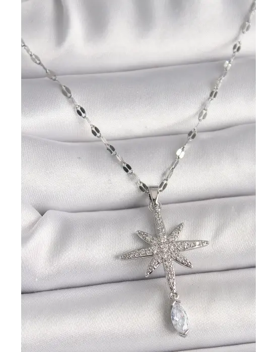  Gümüş  Zincir Zirkon Taşlı Kuzey Yıldız Figür Sallantı Taş Detay  Çelik Kolye
