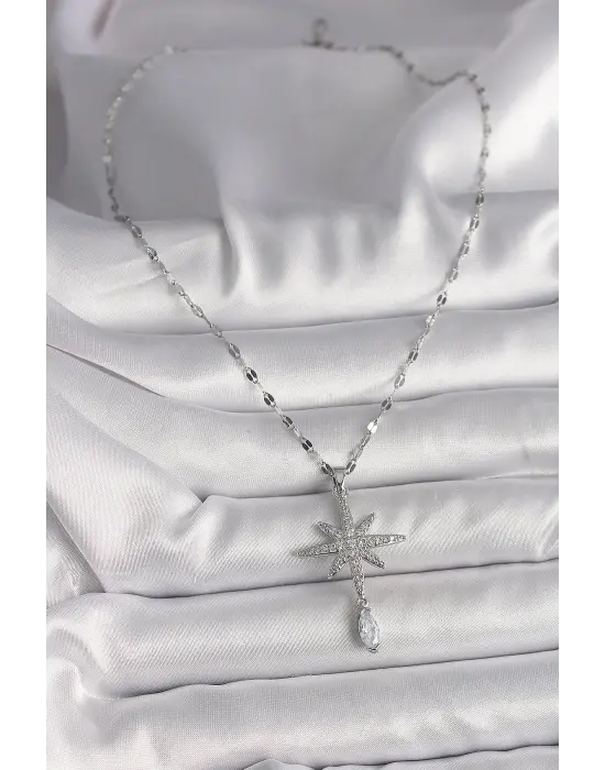  Gümüş  Zincir Zirkon Taşlı Kuzey Yıldız Figür Sallantı Taş Detay  Çelik Kolye