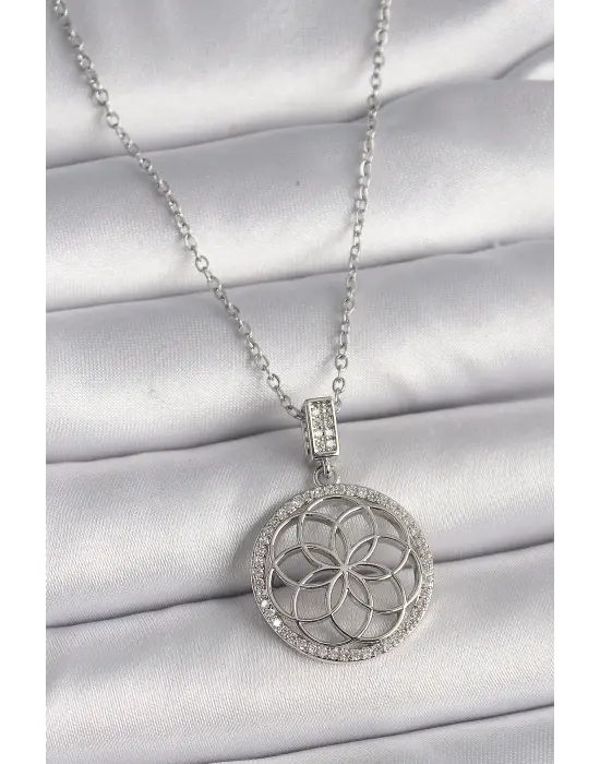  Gümüş  Zincir Zirkon Taşlı Lotus Model  Çelik Kolye