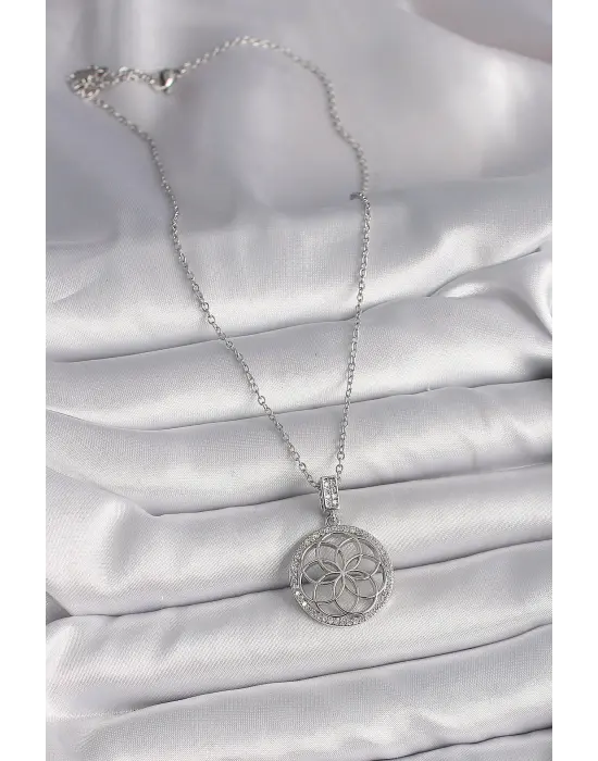  Gümüş  Zincir Zirkon Taşlı Lotus Model  Çelik Kolye