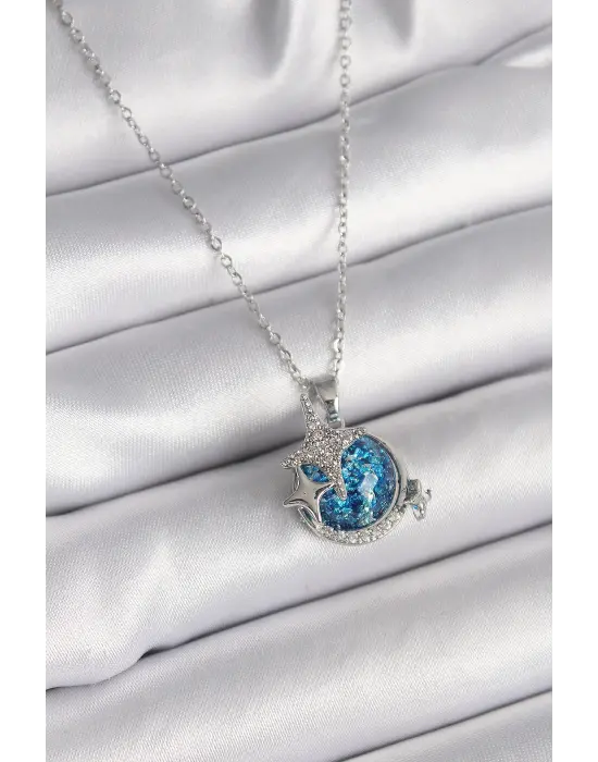  Gümüş  Zincir Zirkon Taşlı Mavi Simli Gezegen Figür Yıldız Detay  Çelik Kolye