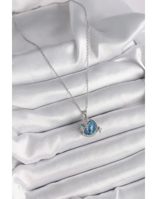  Gümüş  Zincir Zirkon Taşlı Mavi Simli Gezegen Figür Yıldız Detay  Çelik Kolye