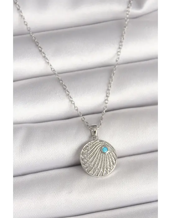 316L Çelik Gümüş Renk Zincir Zirkon Taşlı Mavi Taş Detaylı Madalyon Model Kadın Kolye