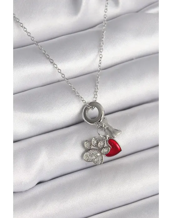  Gümüş  Zincir Zirkon Taşlı Pati Figür Kalp Detay  Çelik Kolye