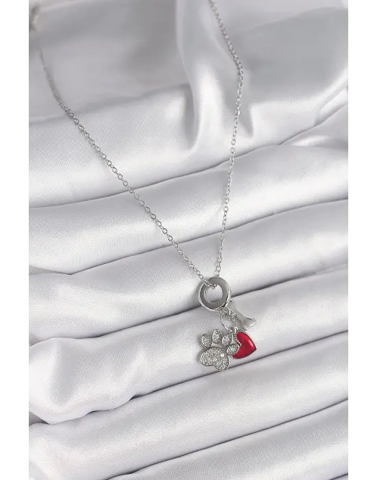  Gümüş  Zincir Zirkon Taşlı Pati Figür Kalp Detay  Çelik Kolye