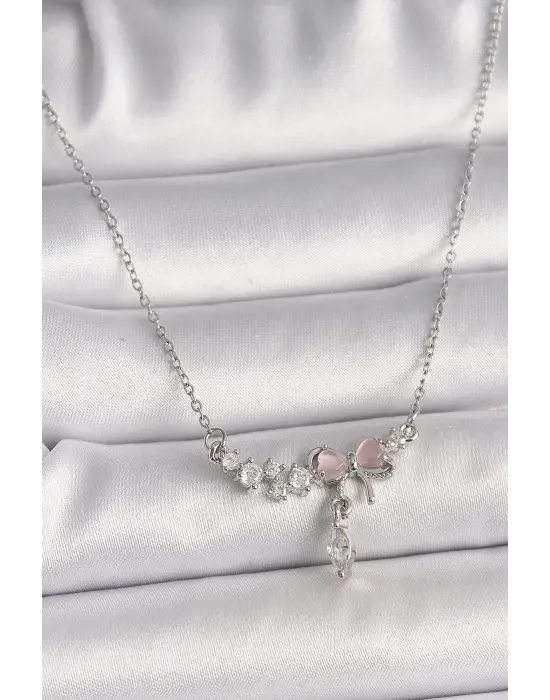  Gümüş  Zincir Zirkon Taşlı Pembe Mineli Fiyonk Model Sallantı Taş Detay  Çelik Kolye