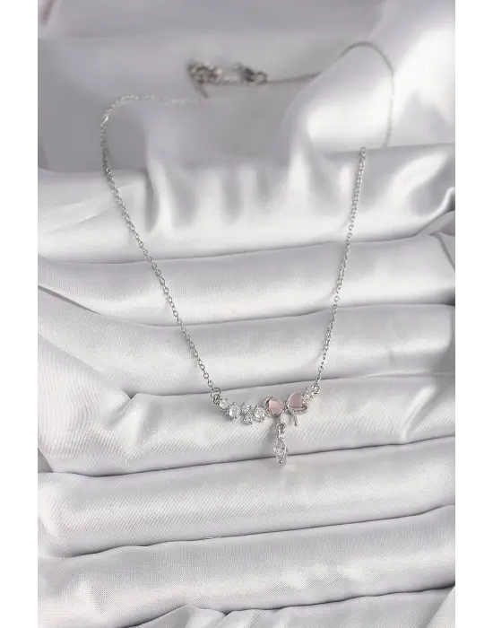  Gümüş  Zincir Zirkon Taşlı Pembe Mineli Fiyonk Model Sallantı Taş Detay  Çelik Kolye