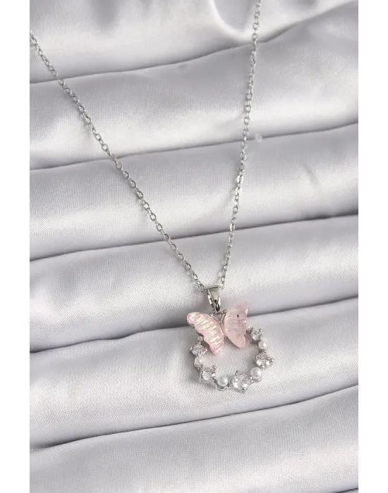  Gümüş  Zincir Zirkon Taşlı Pembe Mineli Kelebek Model  Çelik Kolye