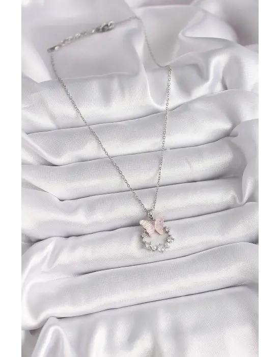  Gümüş  Zincir Zirkon Taşlı Pembe Mineli Kelebek Model  Çelik Kolye