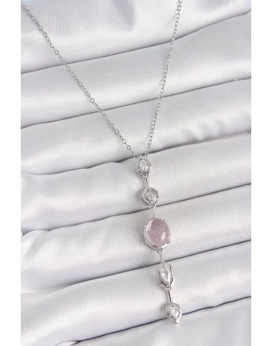 316L Çelik Gümüş Renk Zincir Zirkon Taşlı Pembe Sedefli Y Model Dekolte Kadın Kolye