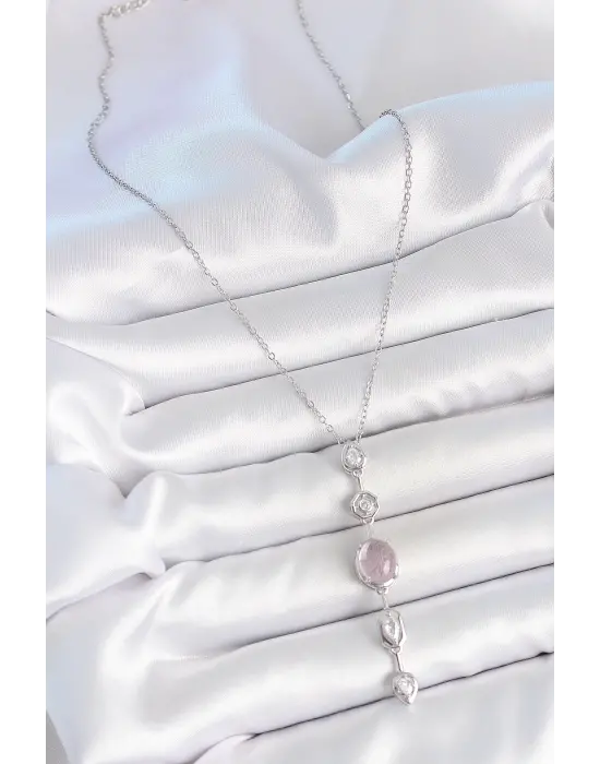 316L Çelik Gümüş Renk Zincir Zirkon Taşlı Pembe Sedefli Y Model Dekolte Kadın Kolye