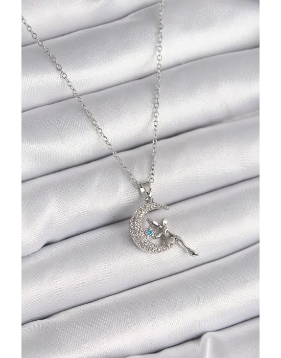  Gümüş  Zincir Zirkon Taşlı Peri Figür  Çelik Kolye
