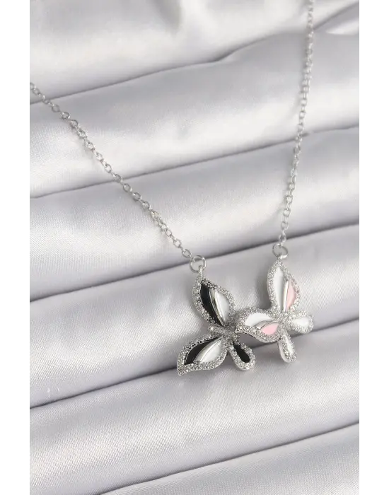  Gümüş  Zincir Zirkon Taşlı li Kelebek Model  Çelik Kolye