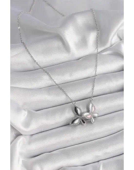  Gümüş  Zincir Zirkon Taşlı li Kelebek Model  Çelik Kolye