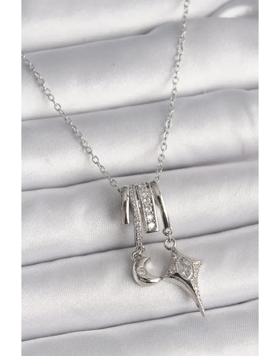  Gümüş  Zincir Zirkon Taşlı Sallantı Hilal Yılıdız Model  Charm Çelik Kolye