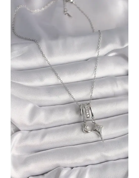  Gümüş  Zincir Zirkon Taşlı Sallantı Hilal Yılıdız Model  Charm Çelik Kolye