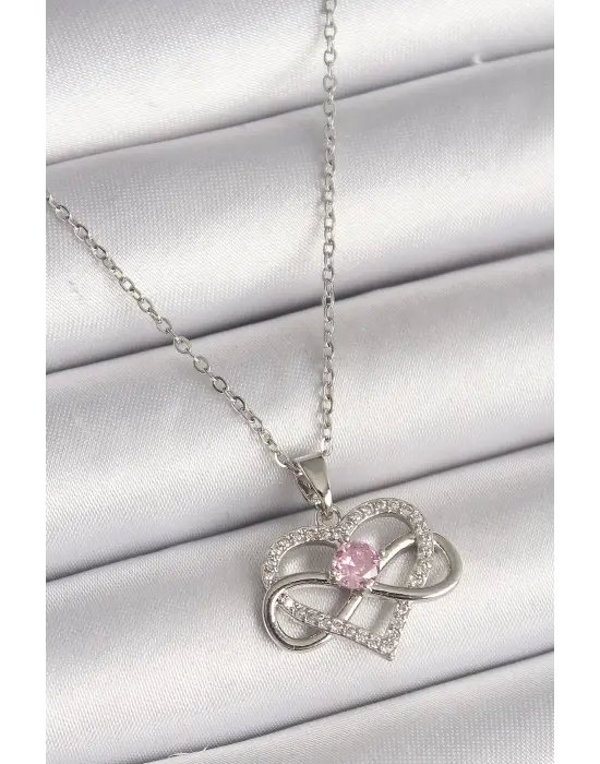  Gümüş  Zincir Zirkon Taşlı Sonsuzluk Kalp Model  Çelik Kolye