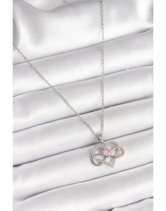  Gümüş  Zincir Zirkon Taşlı Sonsuzluk Kalp Model  Çelik Kolye