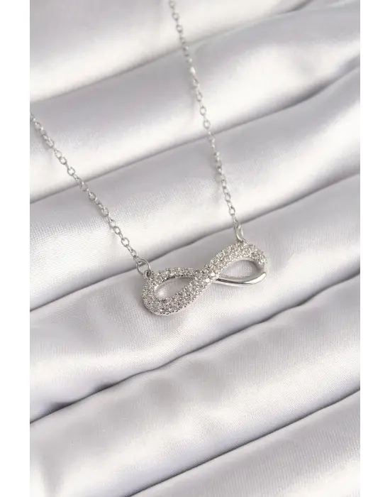  Gümüş  Zincir Zirkon Taşlı Sonsuzluk Model  Çelik Kolye