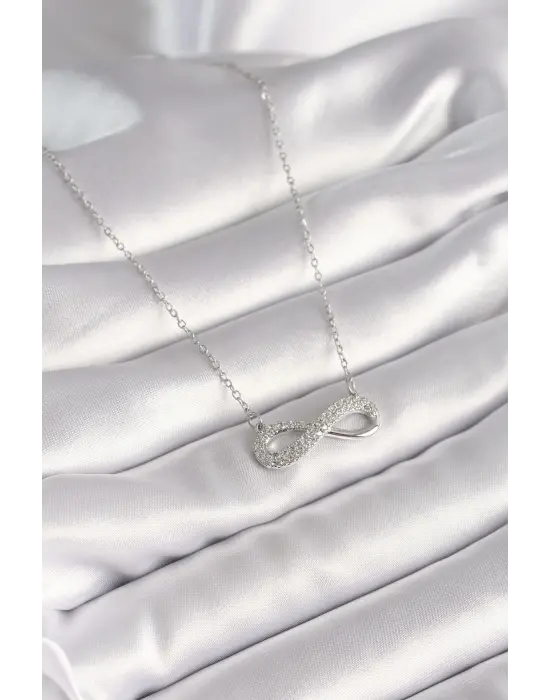  Gümüş  Zincir Zirkon Taşlı Sonsuzluk Model  Çelik Kolye