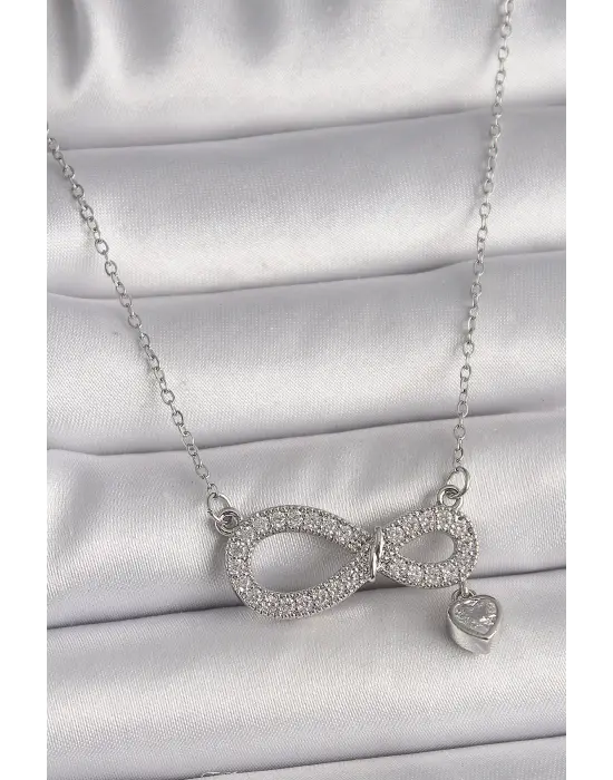  Gümüş  Zincir Zirkon Taşlı Sonsuzluk Model Taşlı Kalp Detay  Çelik Kolye