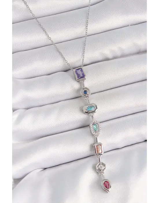 316L Çelik Gümüş Renk Zincir Zirkon Taşlı Y Model Dekolte Kadın Kolye