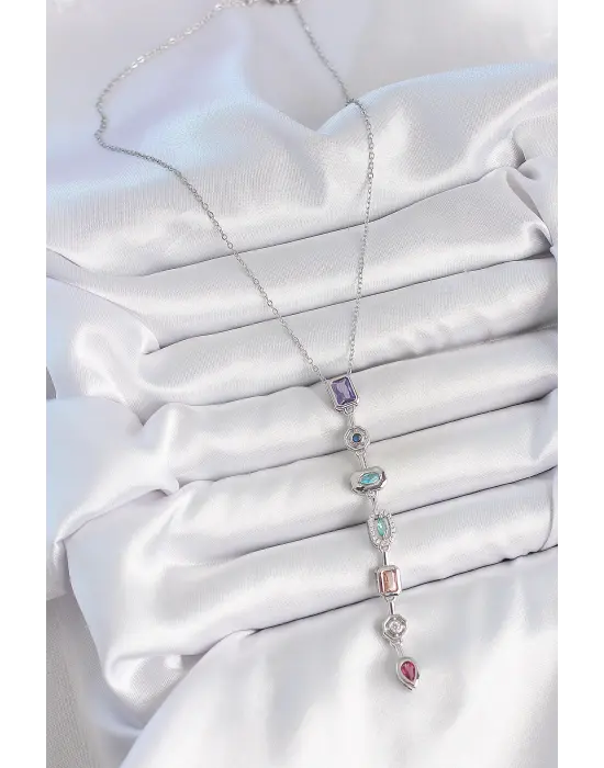 316L Çelik Gümüş Renk Zincir Zirkon Taşlı Y Model Dekolte Kadın Kolye