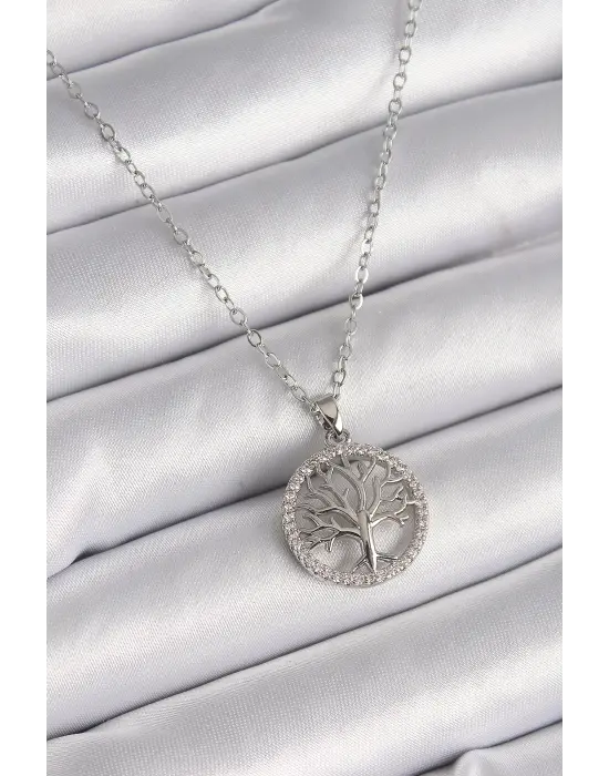  Gümüş  Zincir Zirkon Taşlı Yaşam Ağacı Figür  Çelik Kolye