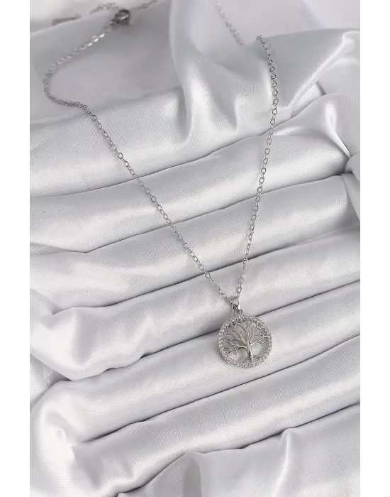  Gümüş  Zincir Zirkon Taşlı Yaşam Ağacı Figür  Çelik Kolye