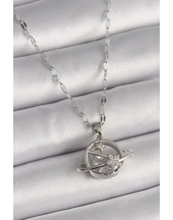  Gümüş  Zincir Zirkon Taşlı Yıldız Detay Gezegen Model  Çelik Kolye