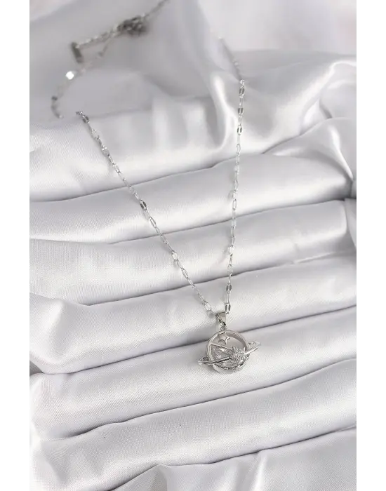  Gümüş  Zincir Zirkon Taşlı Yıldız Detay Gezegen Model  Çelik Kolye