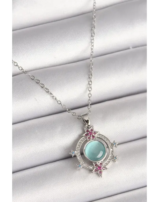  Gümüş  Zincir Zirkon Taşlı Yıldız Detay Yeşil Sedefli  Çelik Kolye