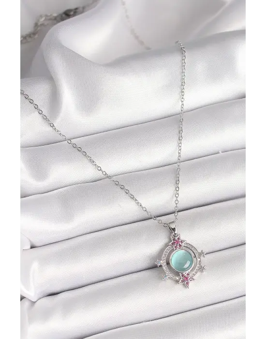  Gümüş  Zincir Zirkon Taşlı Yıldız Detay Yeşil Sedefli  Çelik Kolye