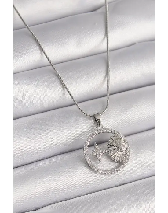  Gümüş  Zincir Zirkon Taşlı Yıldız Madalyon Model  Çelik Kolye