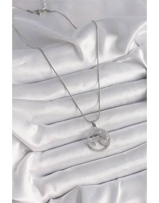  Gümüş  Zincir Zirkon Taşlı Yıldız Madalyon Model  Çelik Kolye