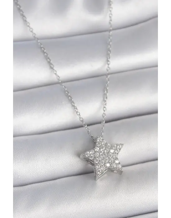 316L Çelik Gümüş Renk Zincir Zirkon Taşlı Yıldız Model Kadın Kolye