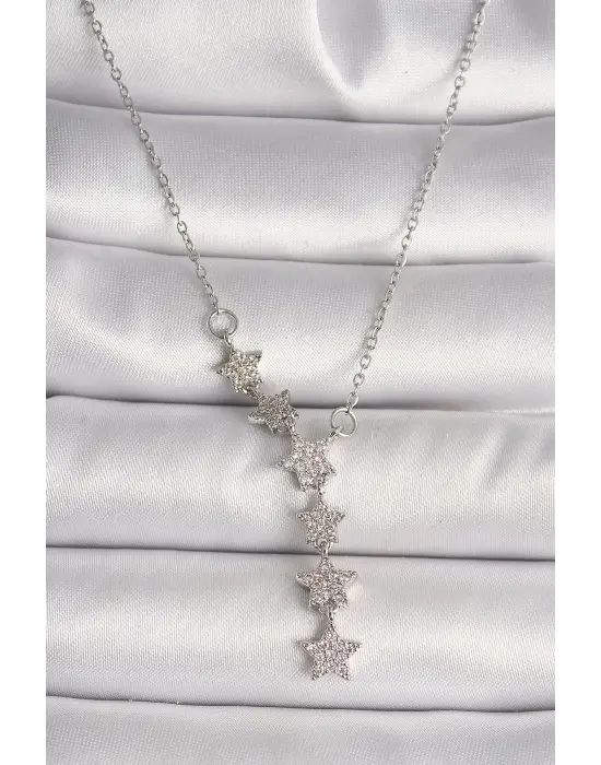 316L Çelik Gümüş Renk Zincir Zirkon Taşlı Yıldız Model Kadın Kolye