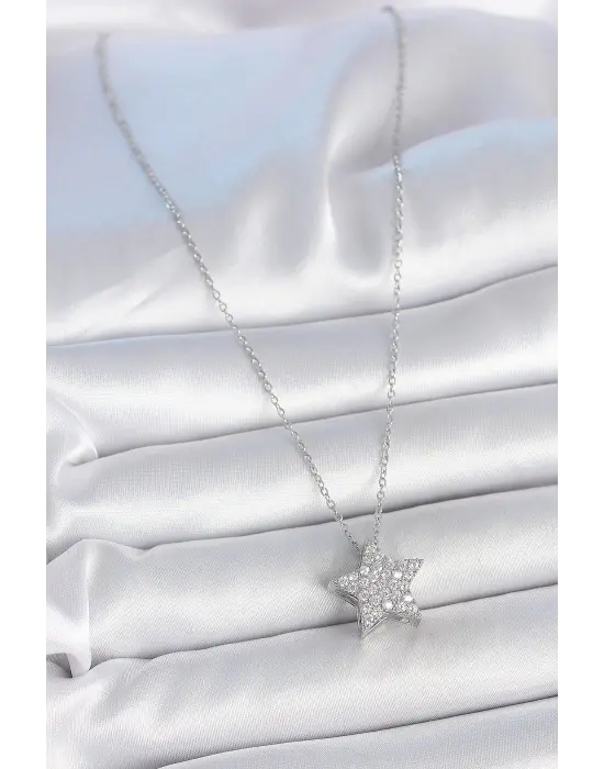 316L Çelik Gümüş Renk Zincir Zirkon Taşlı Yıldız Model Kadın Kolye