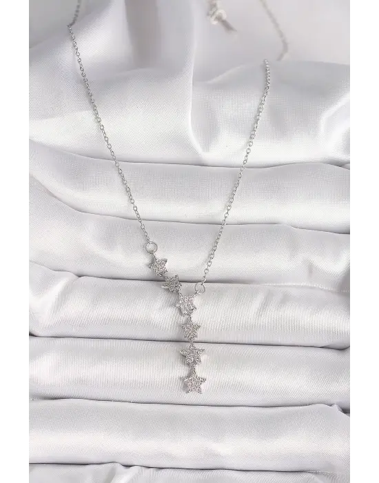 316L Çelik Gümüş Renk Zincir Zirkon Taşlı Yıldız Model Kadın Kolye