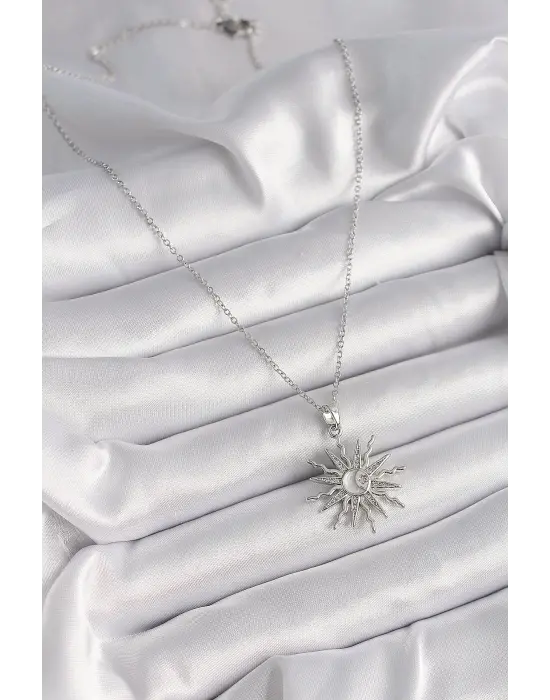  Gümüş  Zincir Zirkon Taşlı Yıldız Model Sedefli Ay İşleme Detay  Çelik Kolye