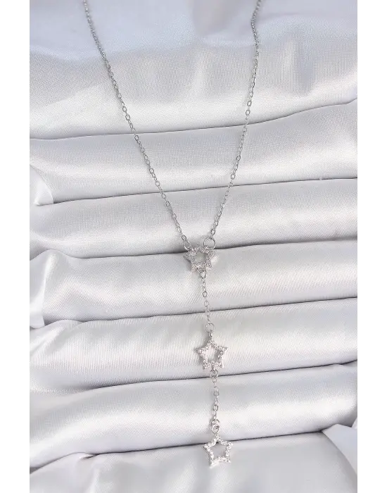 316L Çelik Gümüş Renk Zincir Zirkon Taşlı Yıldız Y Model Kadın Kolye