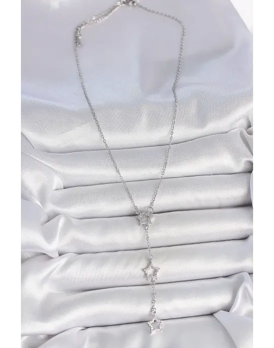 316L Çelik Gümüş Renk Zincir Zirkon Taşlı Yıldız Y Model Kadın Kolye