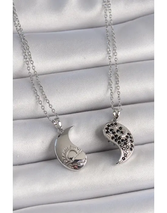 316L Çelik Gümüş Renk Zincir Zirkon Taşlı Ying Yang Model Gün Batımı İşlemeli Arakdaşlık Kadın Kolye